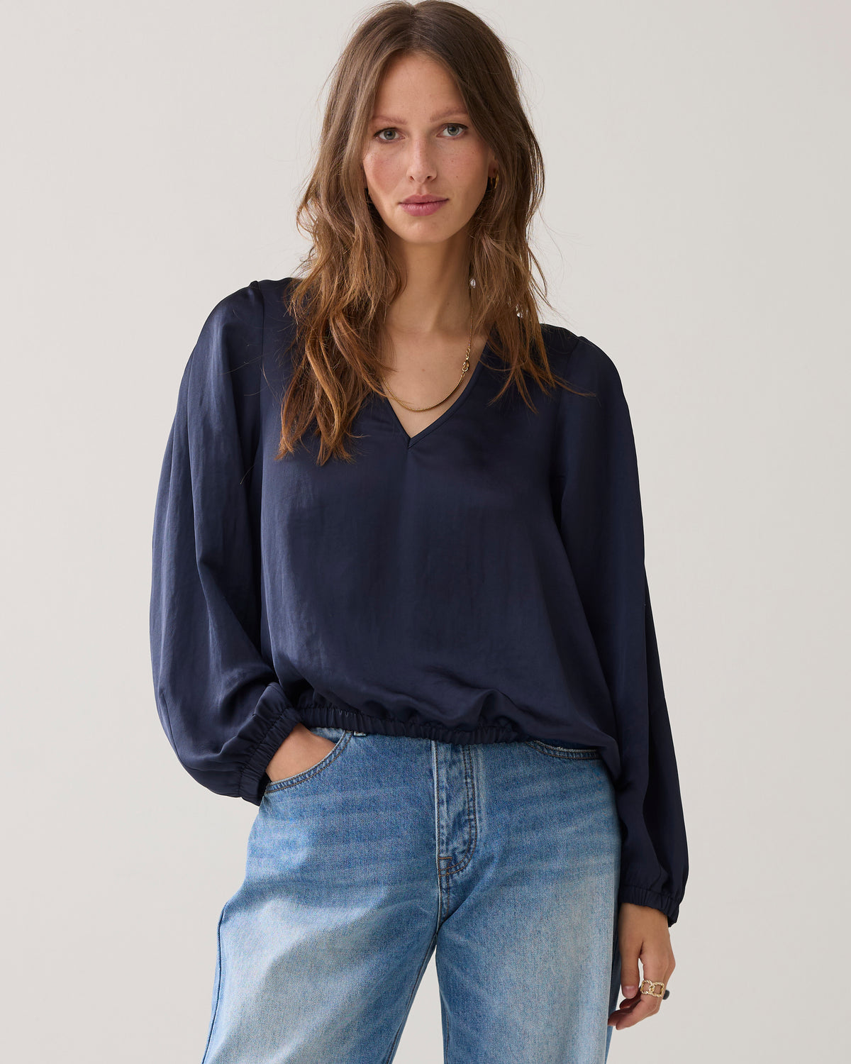 Navy Elastic Hem Satin Blouse