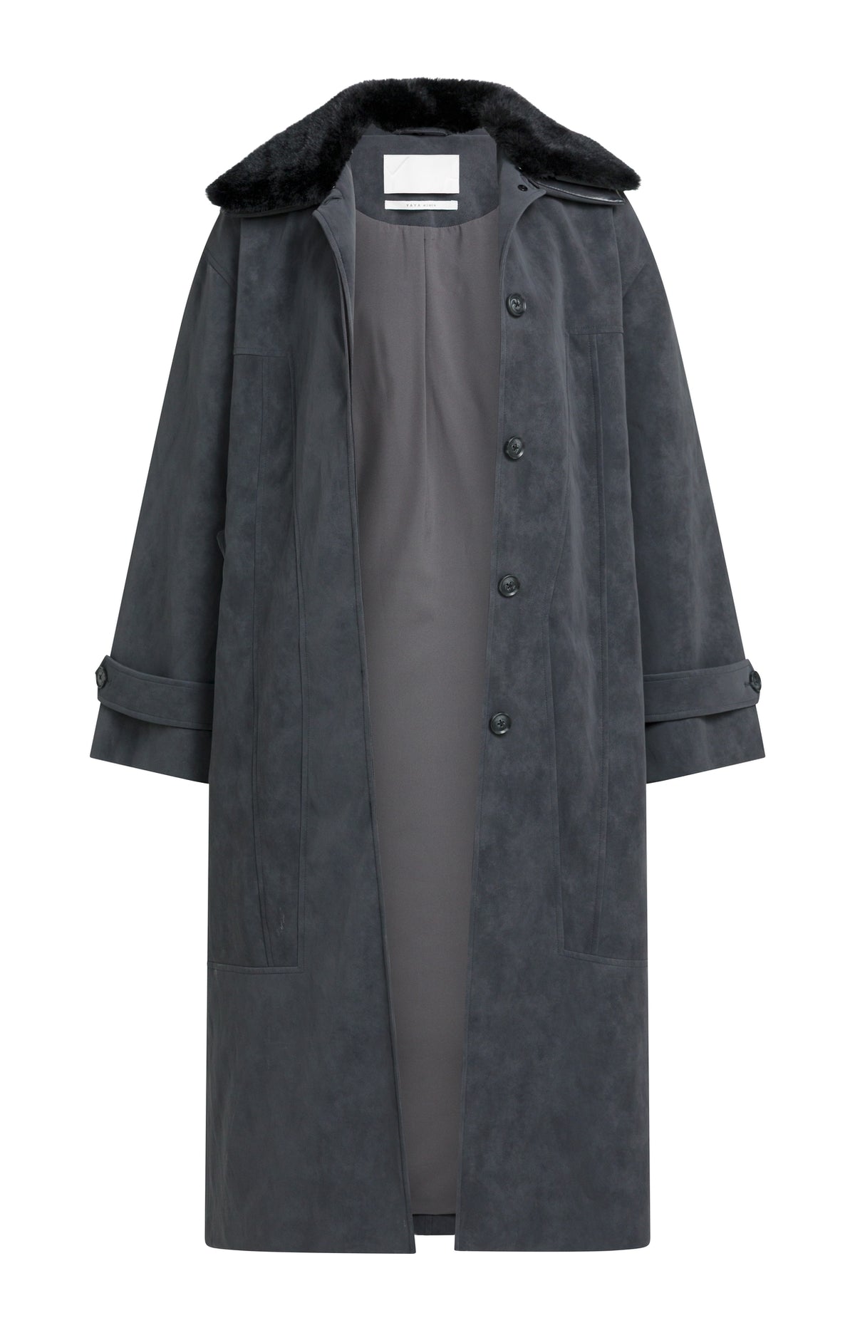 Long Faux Suede Coat with Detachable Collar -