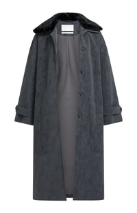 Long Faux Suede Coat with Detachable Collar -