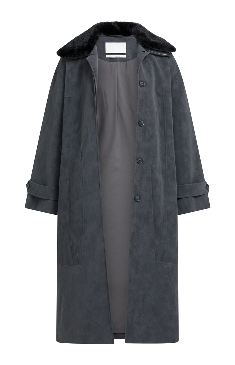 Long Faux Suede Coat with Detachable Collar -