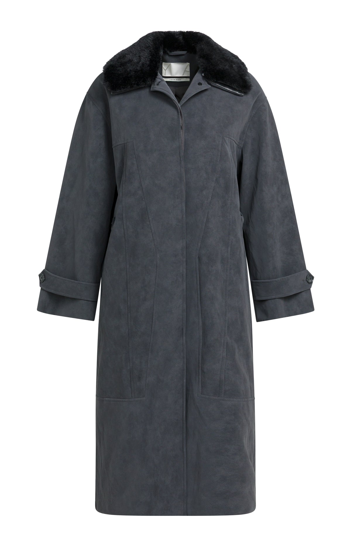 Long Faux Suede Coat with Detachable Collar -