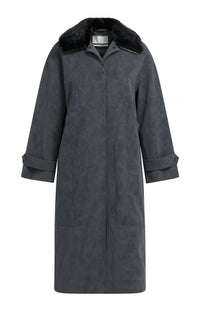 Long Faux Suede Coat with Detachable Collar -