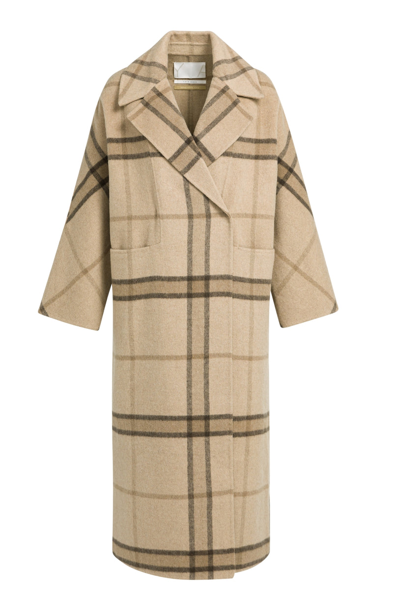 Long Checked Wool Blend Coat with Oversized Fit -