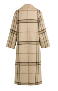 Long Checked Wool Blend Coat with Oversized Fit -