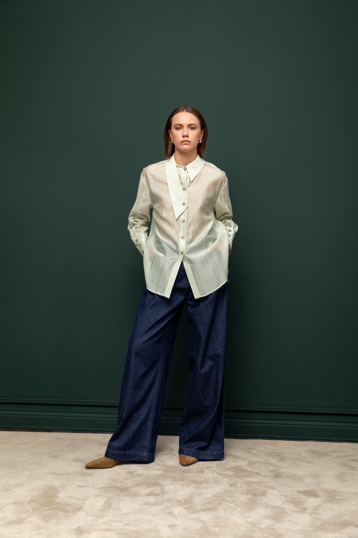 Mint Sheer Shirt with Statement Collar