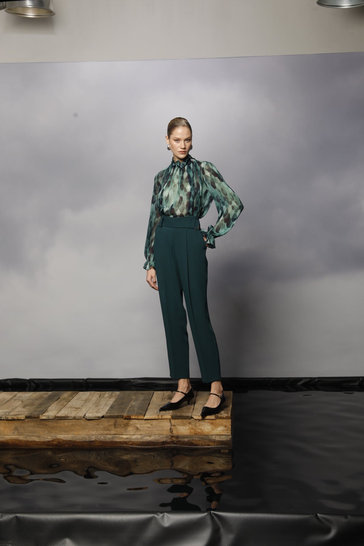 Sheer Abstract Print Blouse with Ruffle Neck