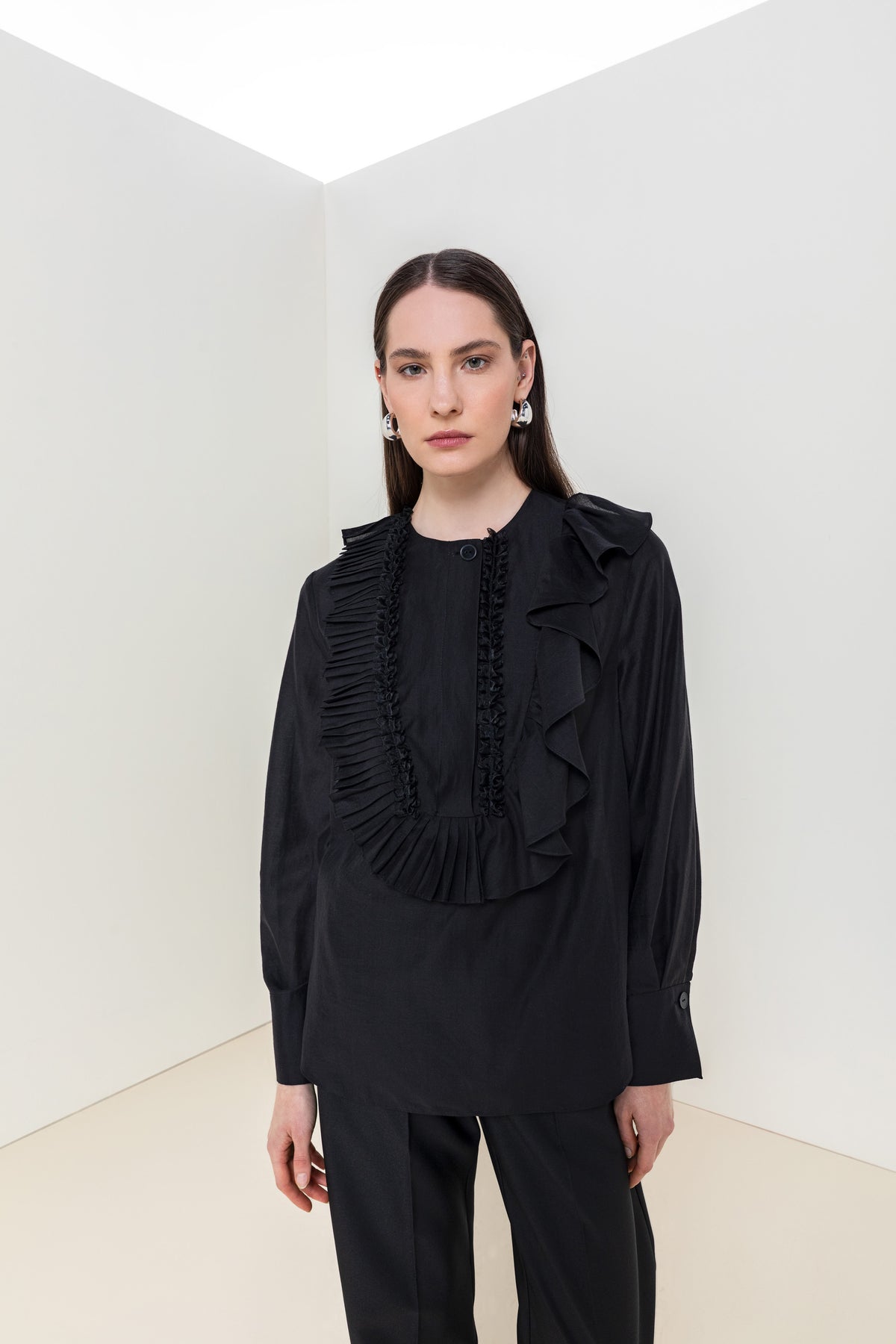 Ruffle Front Blouse with Pleated Detail