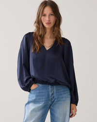 Navy Elastic Hem Satin Blouse