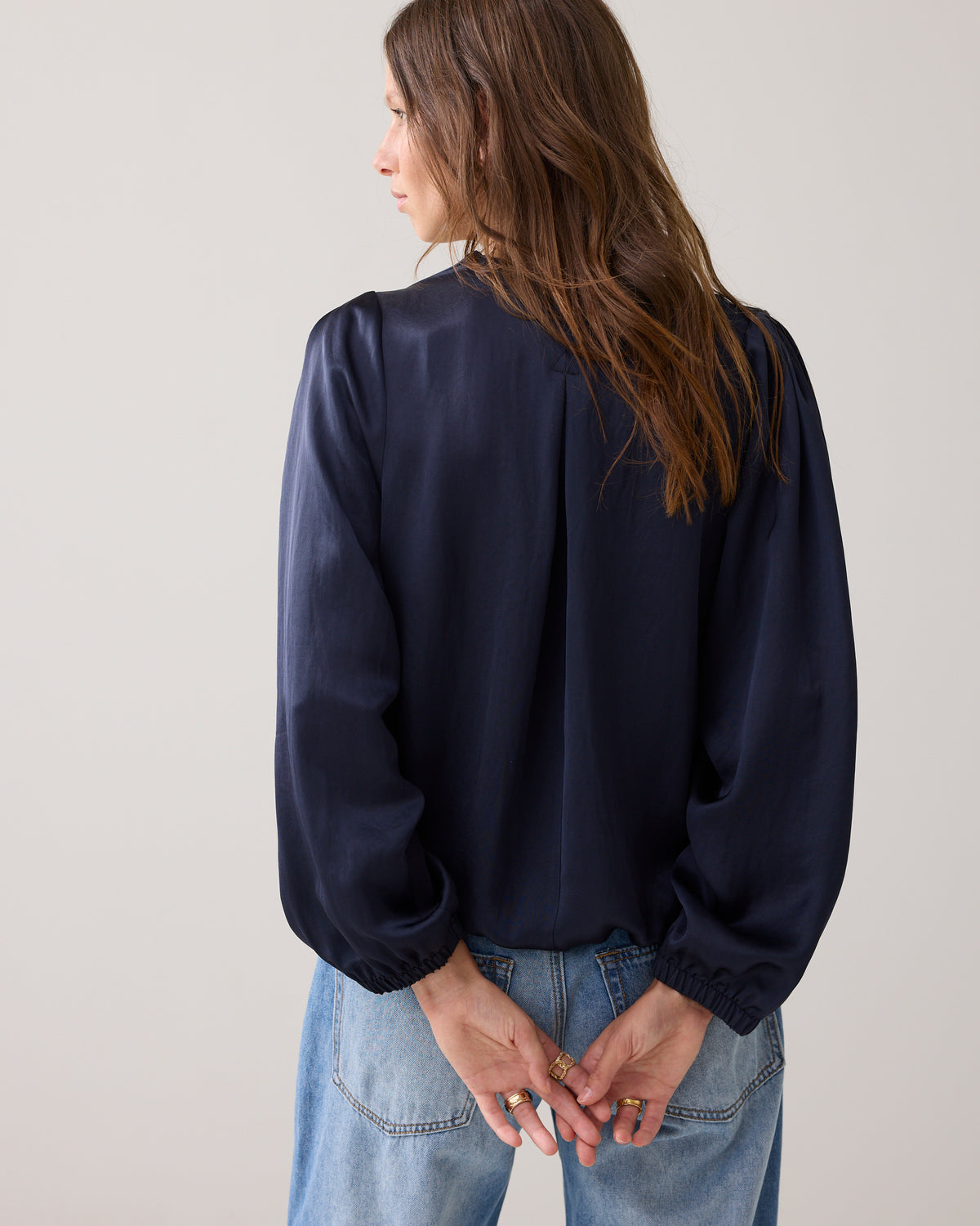 Navy Elastic Hem Satin Blouse