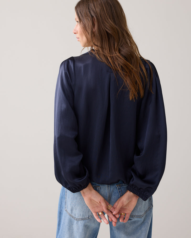 Navy Elastic Hem Satin Blouse