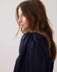 Navy Elastic Hem Satin Blouse