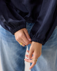 Navy Elastic Hem Satin Blouse