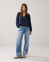 Navy Elastic Hem Satin Blouse