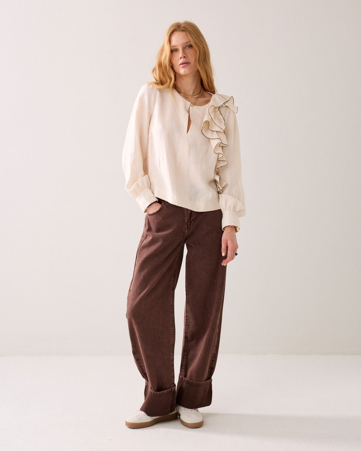 Linen-Blend Top with Ruffles