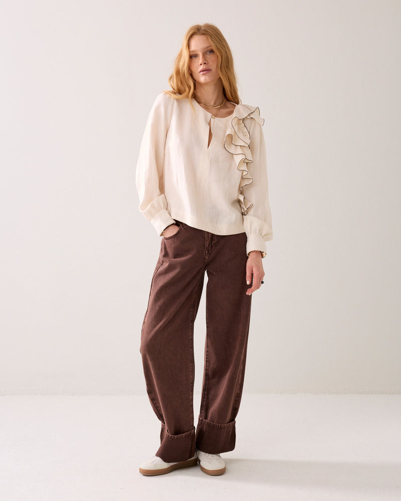 Linen-Blend Top with Ruffles