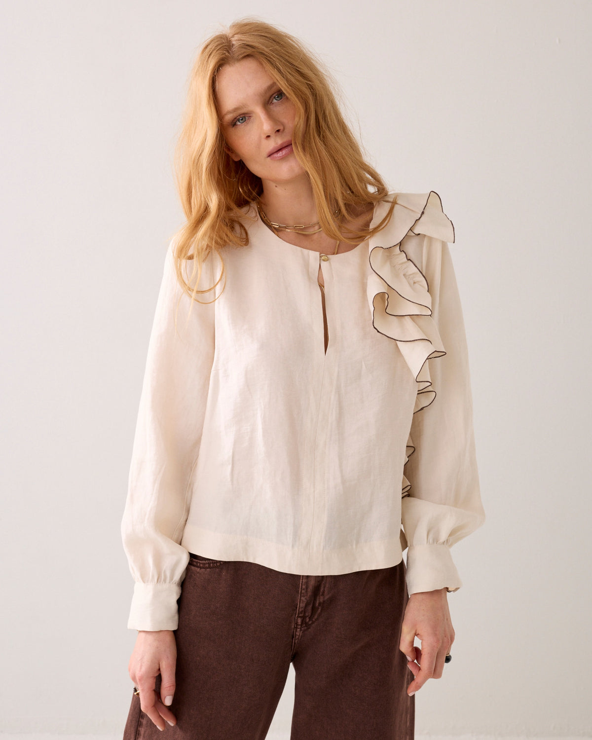 Linen-Blend Top with Ruffles