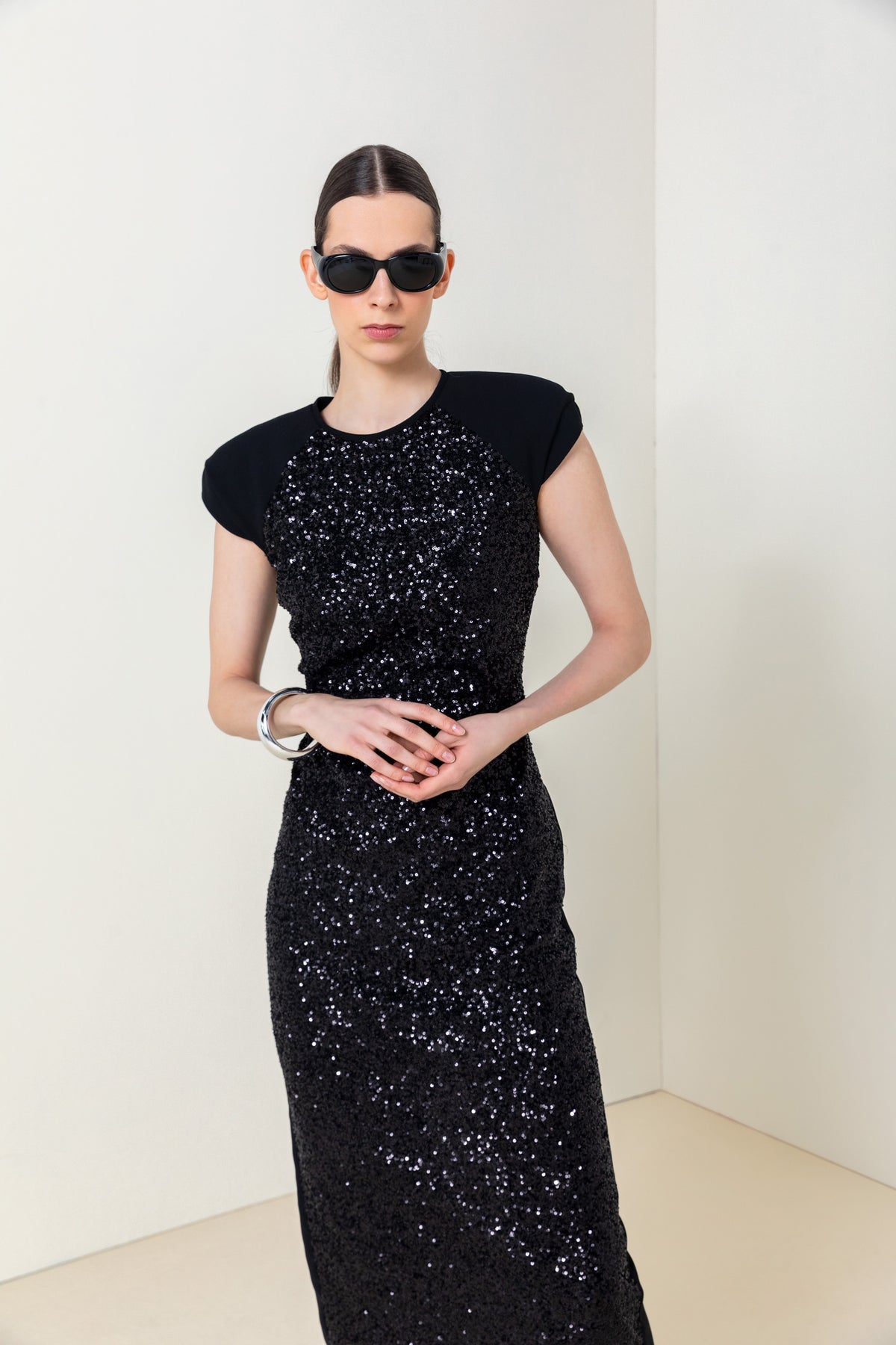 Black Sequin Cap Sleeve Evening Dress