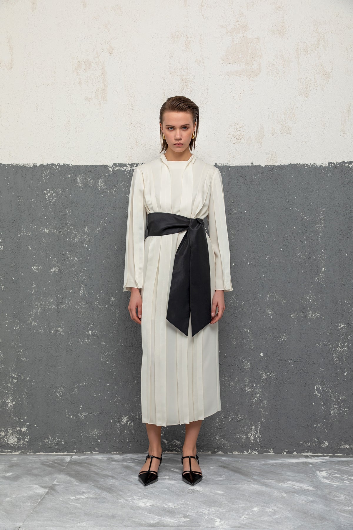Pleated Midi Dress with satin Sash