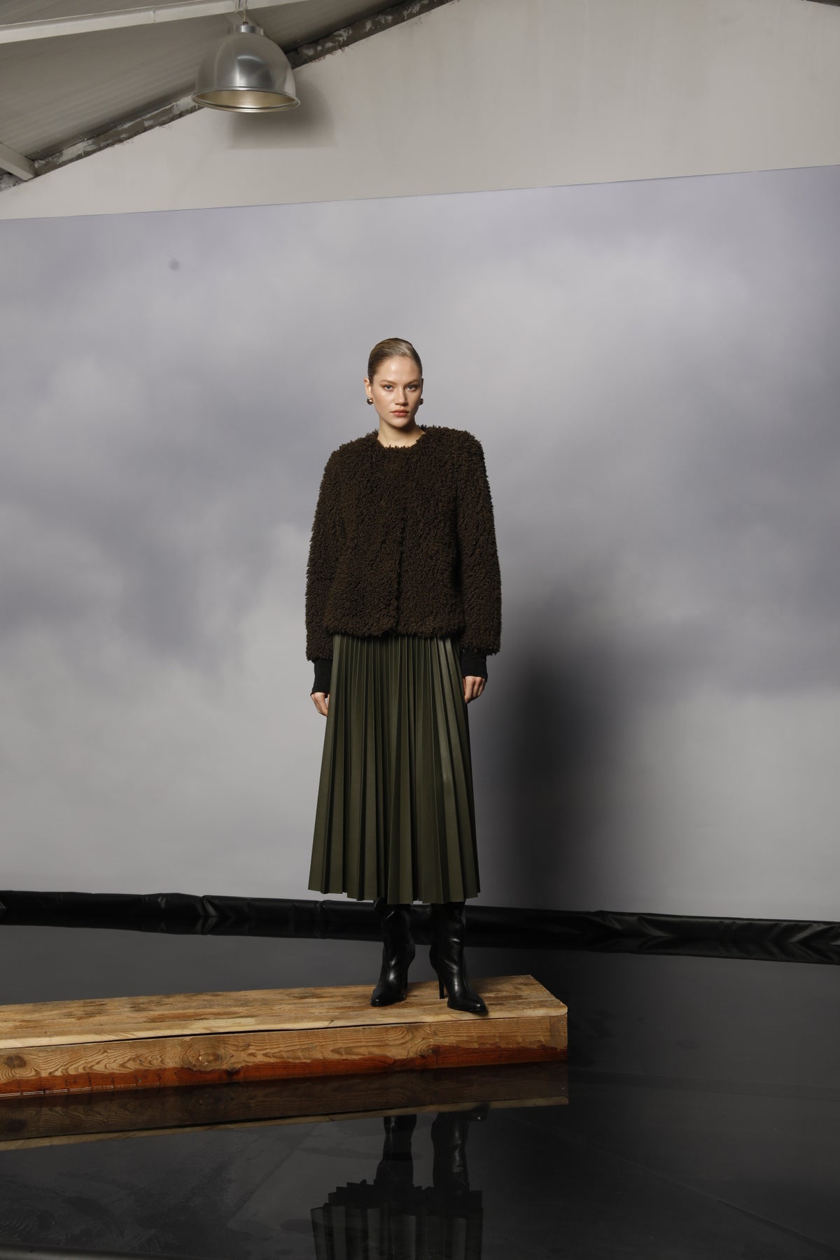 Olive Green Pleated Midi Skirt