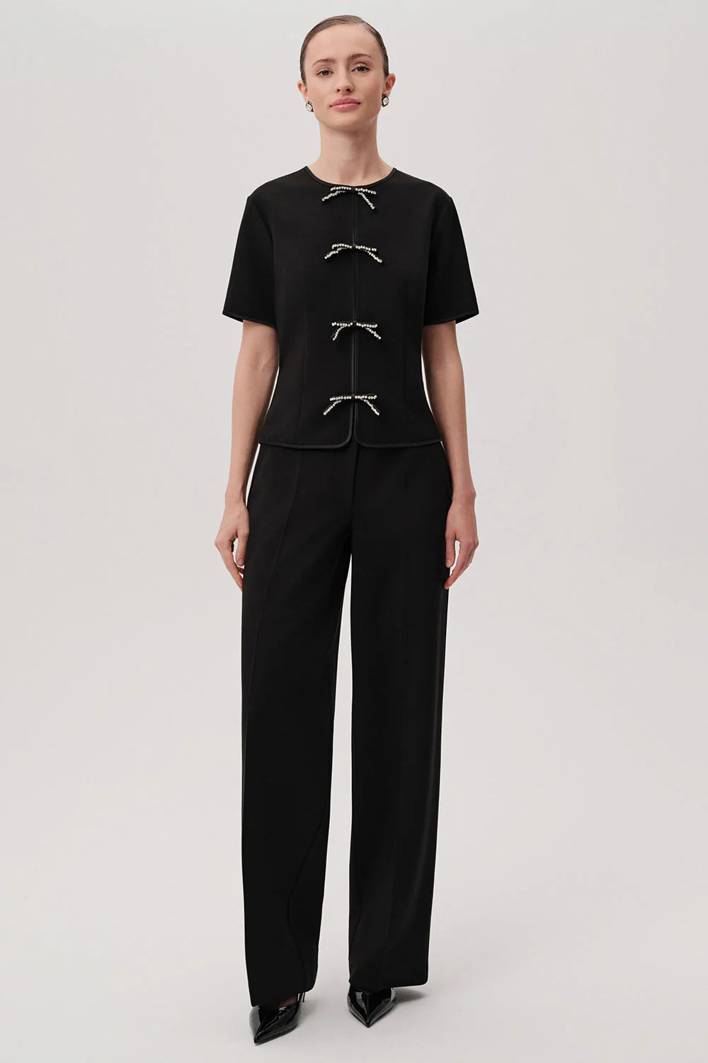 Dove Black Short Sleeve Crew Neck Blouse with Front Rope-Tie Detailing