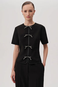 Dove Black Short Sleeve Crew Neck Blouse with Front Rope-Tie Detailing