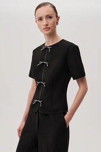 Dove Black Short Sleeve Crew Neck Blouse with Front Rope-Tie Detailing