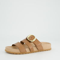 Tan  Leather Buckle Slide Sandals