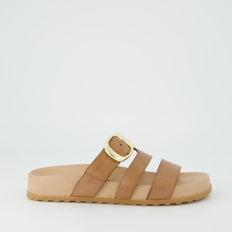 Tan  Leather Buckle Slide Sandals