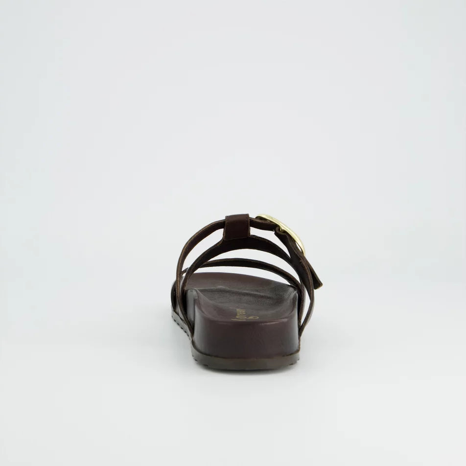 Dark Brown Leather Buckle Slide Sandals