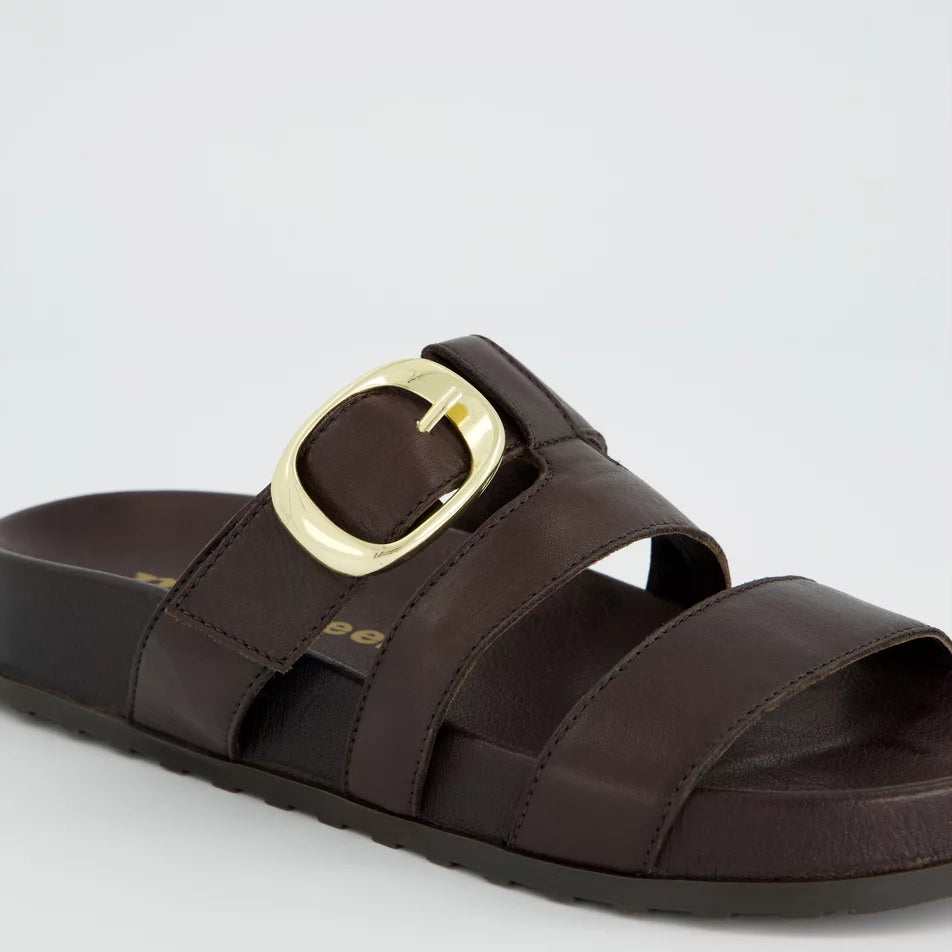Dark Brown Leather Buckle Slide Sandals