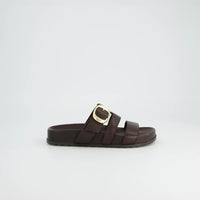 Dark Brown Leather Buckle Slide Sandals