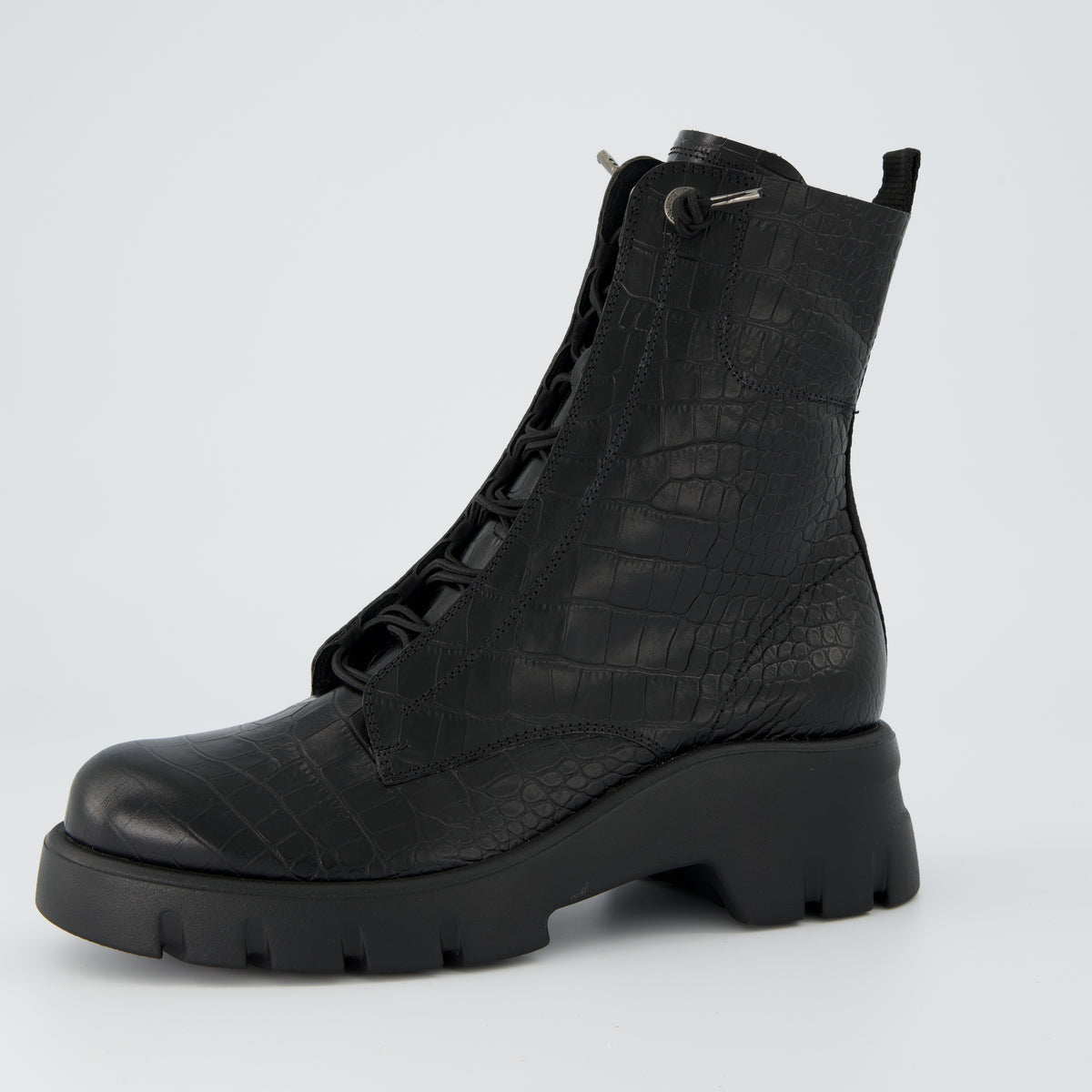 Black Croc-Embossed Combat Boot