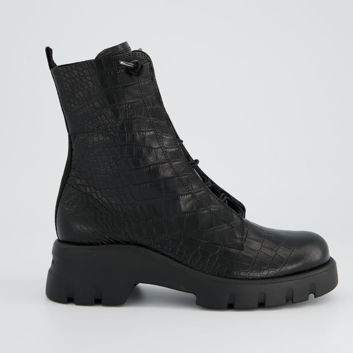 Black Croc-Embossed Combat Boot