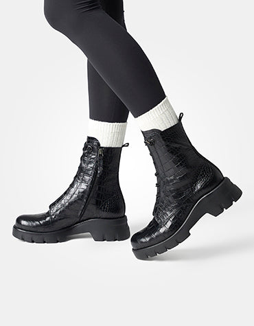 Black Croc-Embossed Combat Boot
