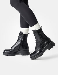 Black Croc-Embossed Combat Boot