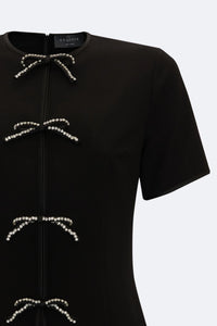 Dove Black Short Sleeve Crew Neck Blouse with Front Rope-Tie Detailing
