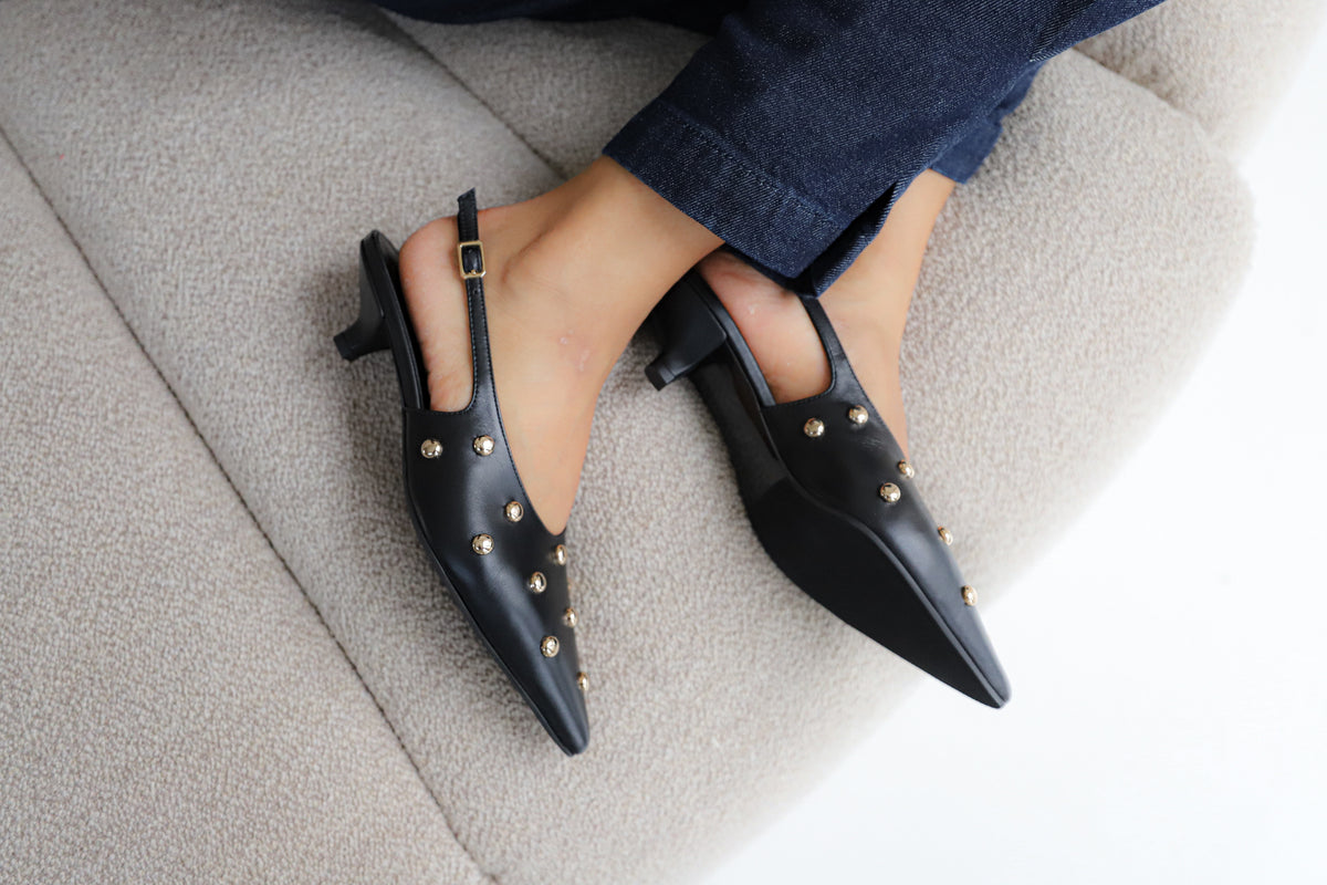 Babouche Elma Black Studded Slingback Heel