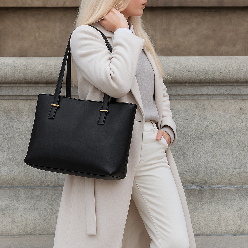 Classic Black Leather Shoulder Tote