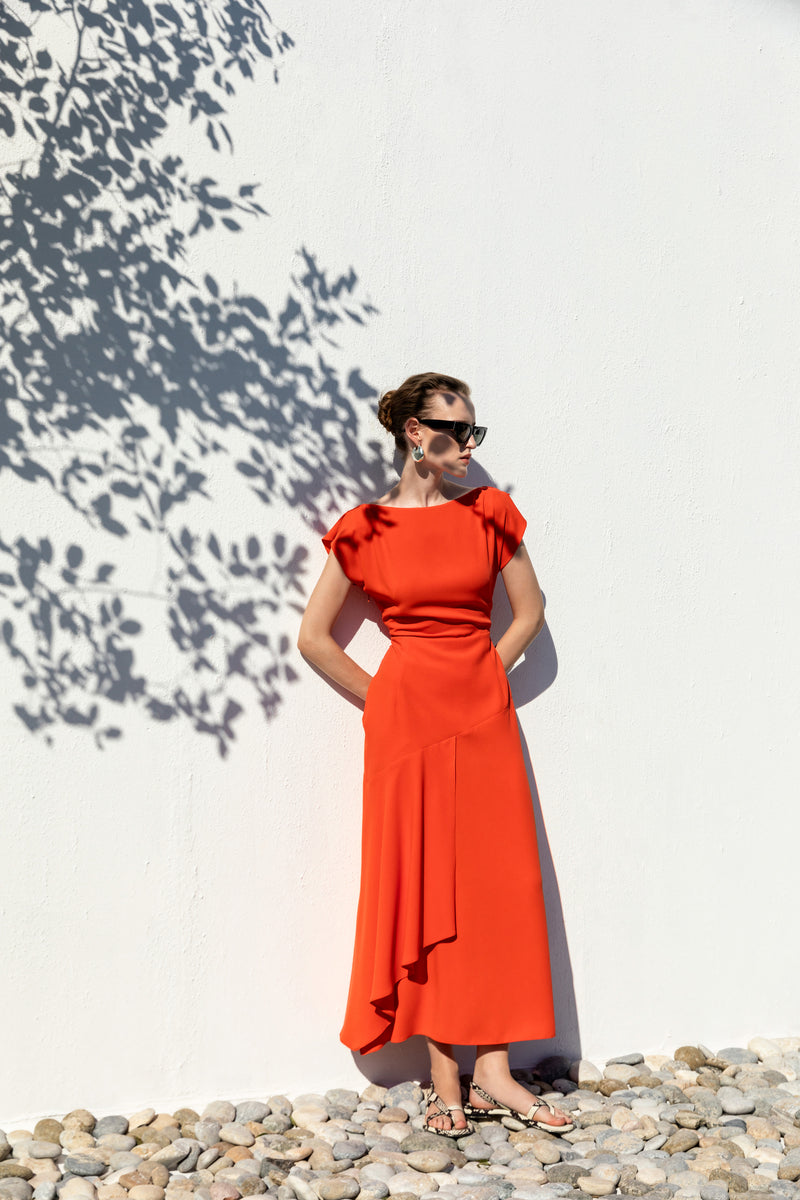 Kameya Orange Cap Sleeve Floaty Midi Dress