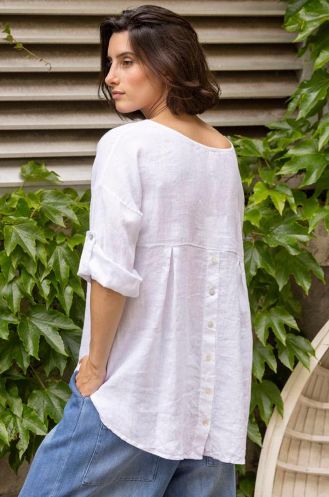 White Linen Button-Back Blouse