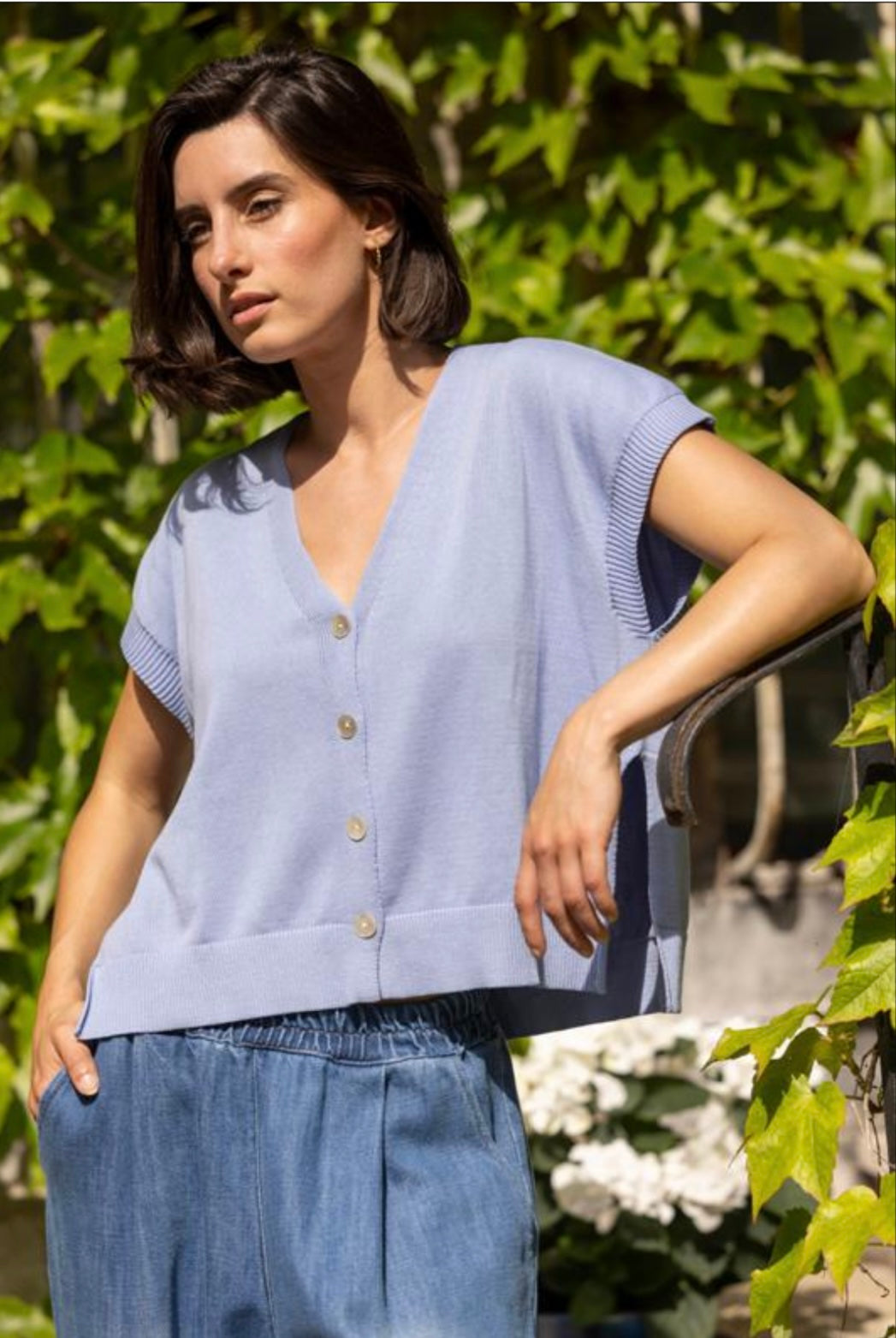 Sleeveless Knit Button-Up Top