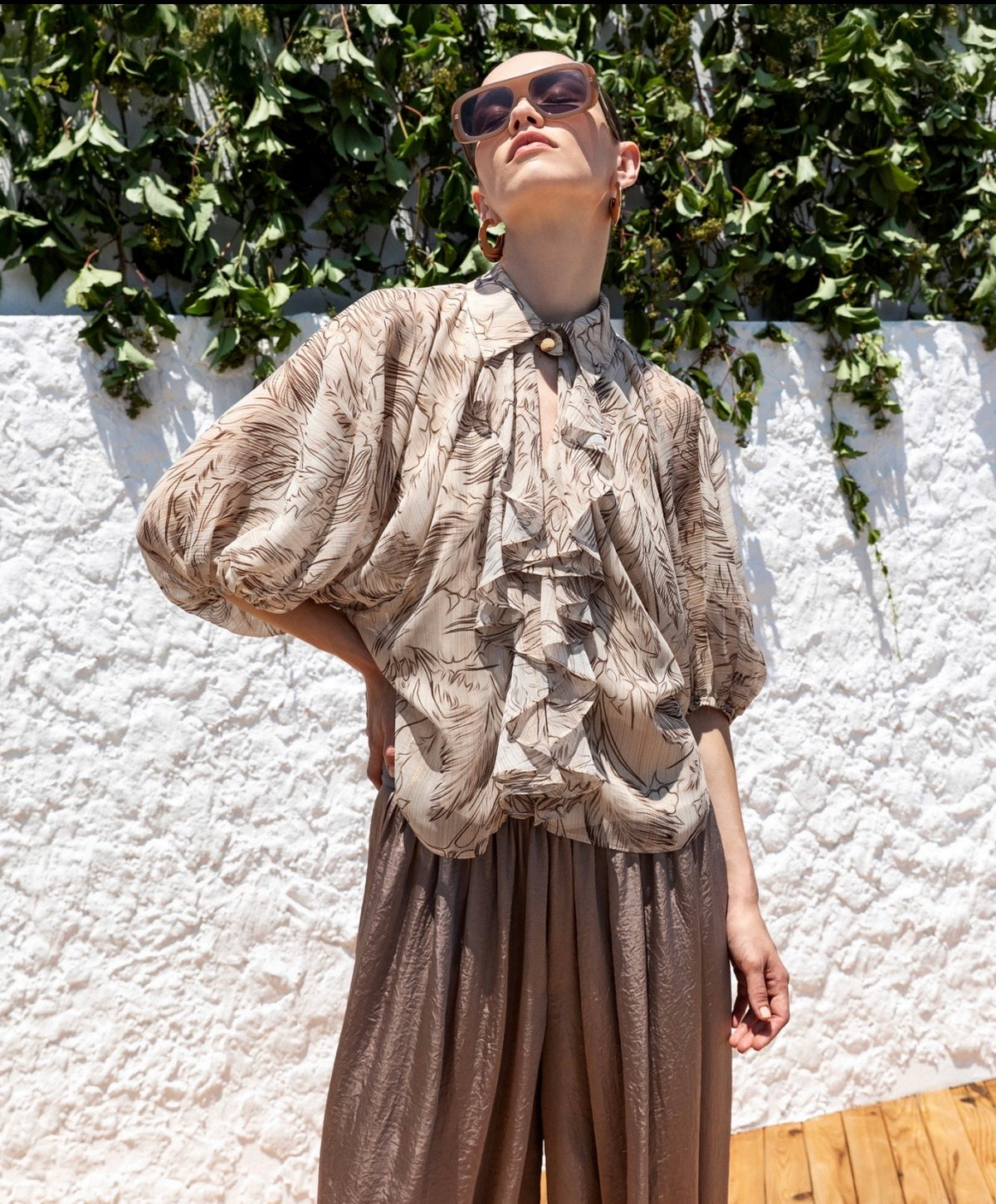 Printed Ruffle Blouse with High Neck and Balloon Sleeves