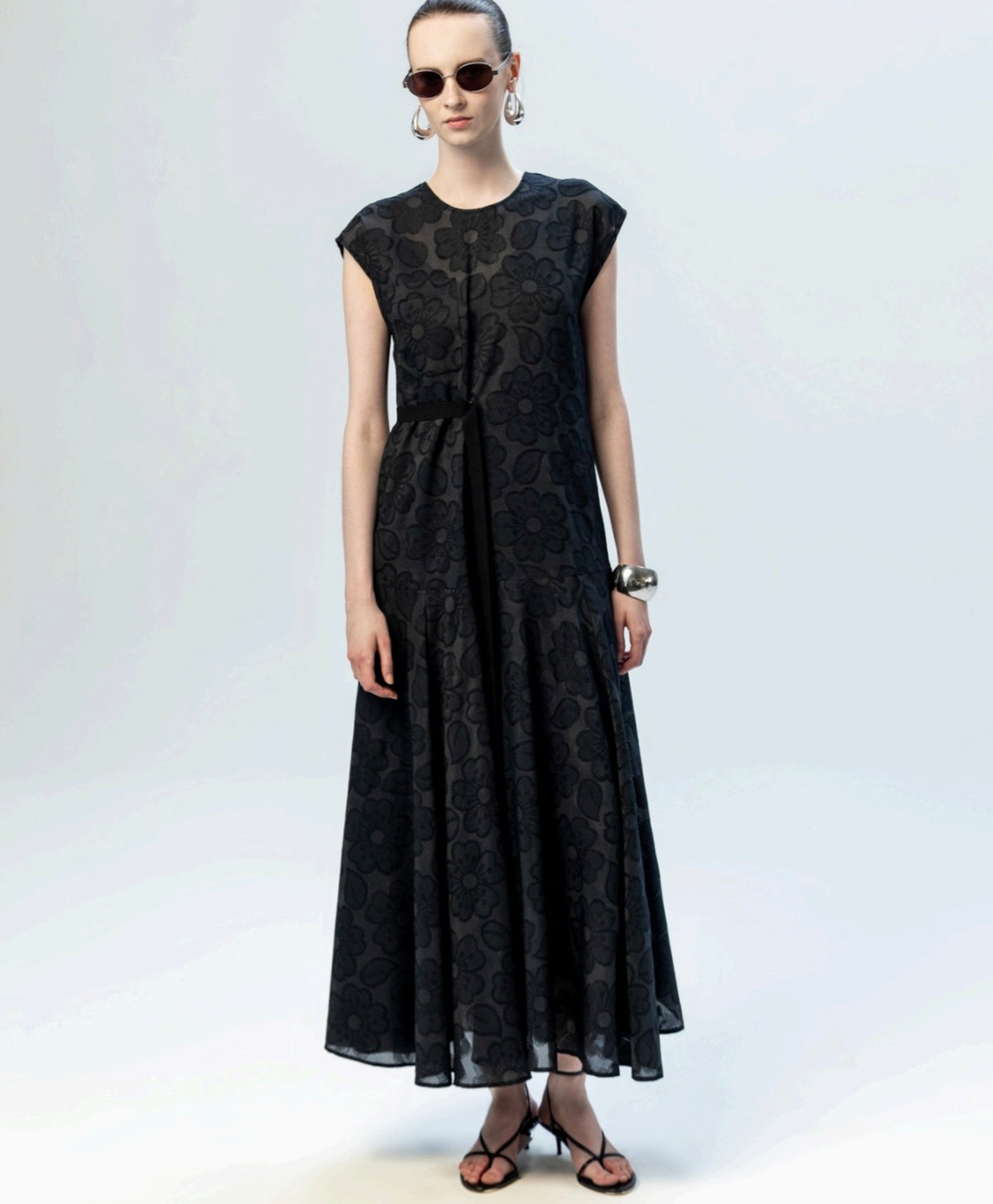 Floral Textured Maxi Dress with Belt Detail