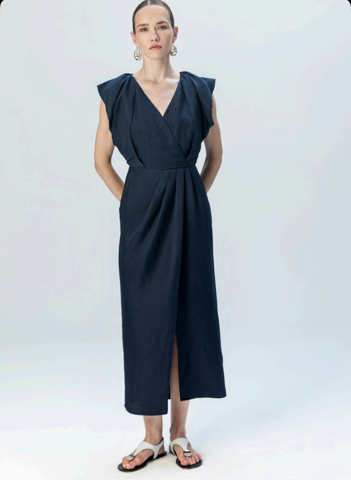 Elegant Wrap-Style Midi Dress with Flutter Sleeves