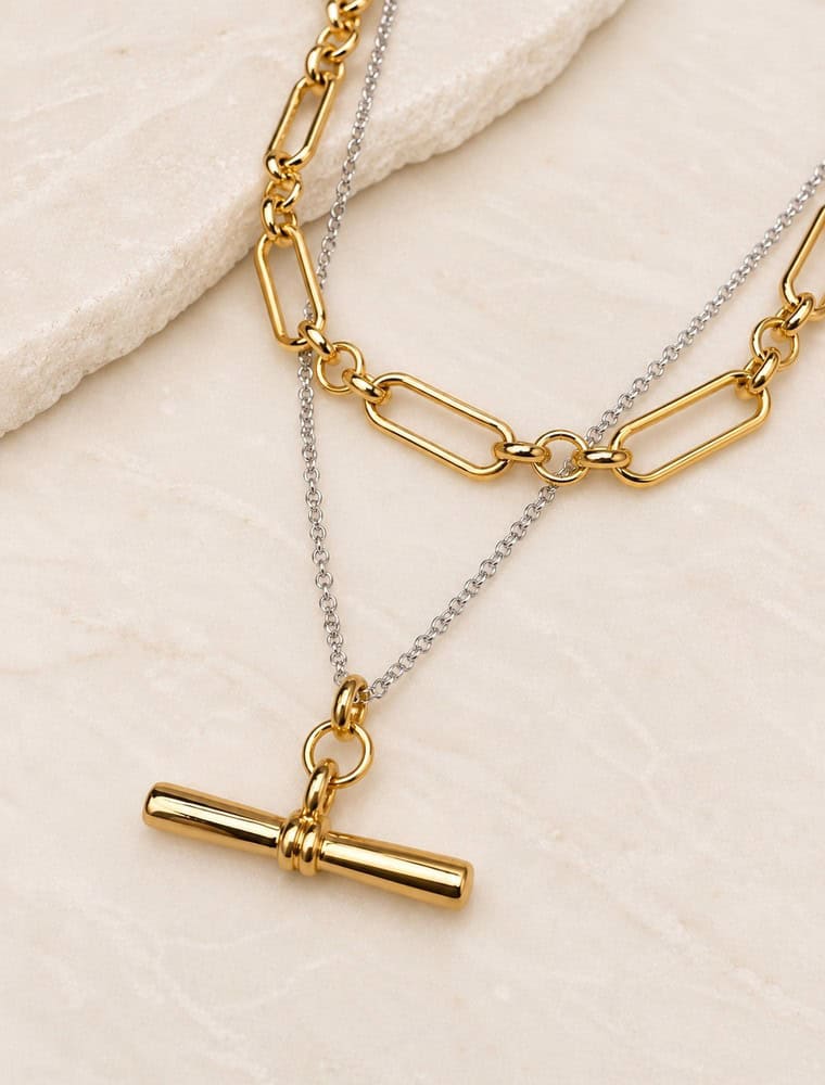 Tona Double Layered Necklace with T bar-14k gold