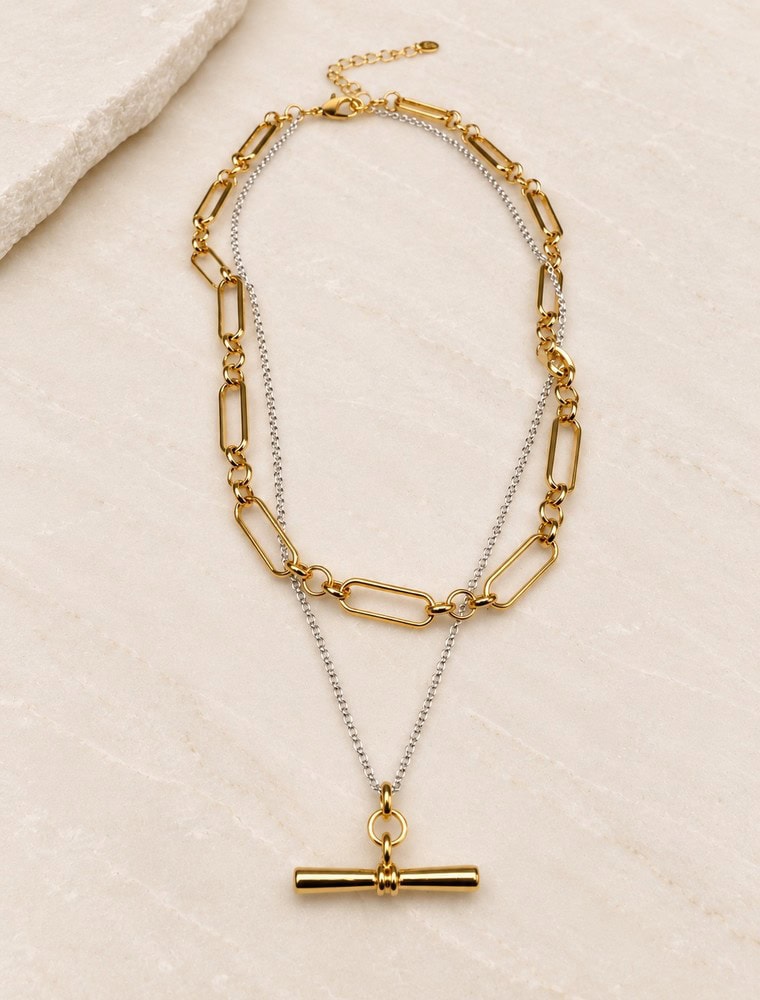 Tona Double Layered Necklace with T bar-14k gold