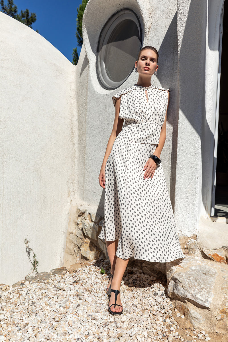 Polka Dot Midi Dress with Soft Waist Peplum