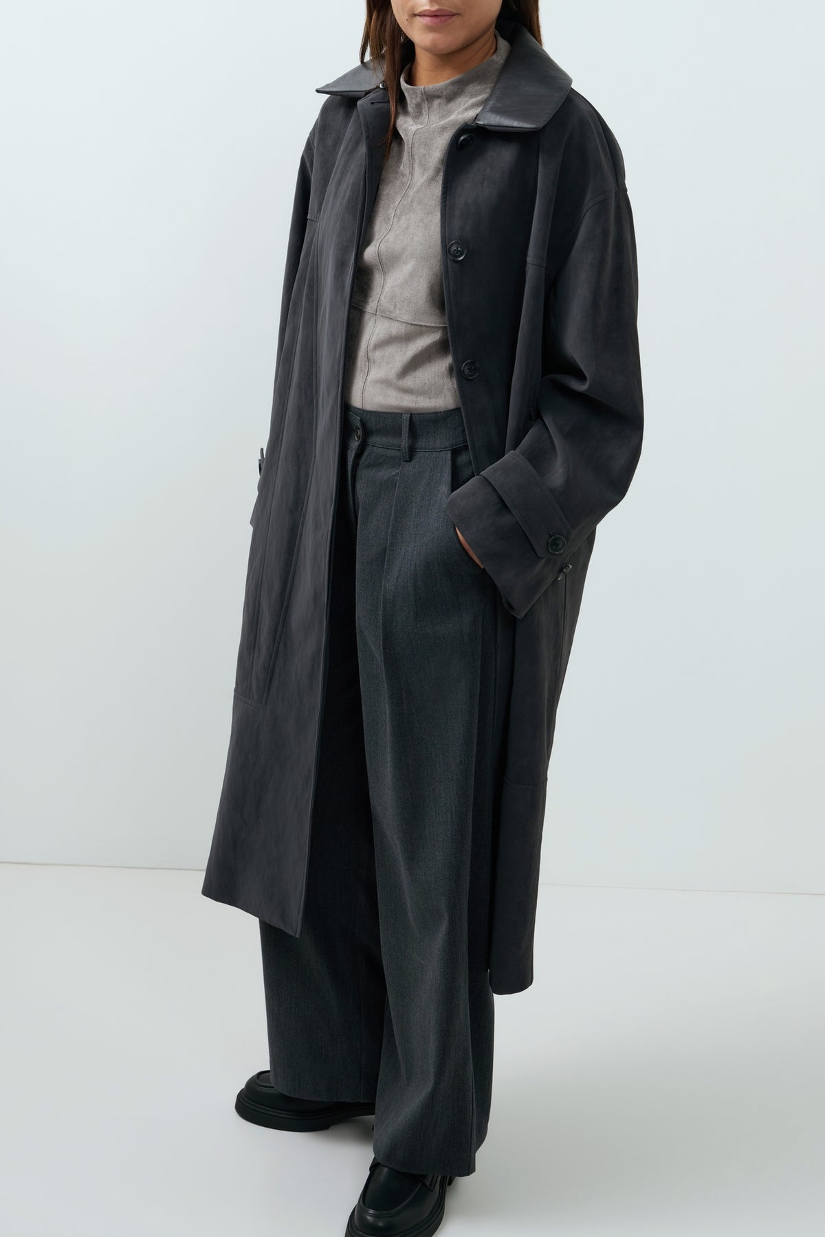 Long Faux Suede Coat with Detachable Collar -