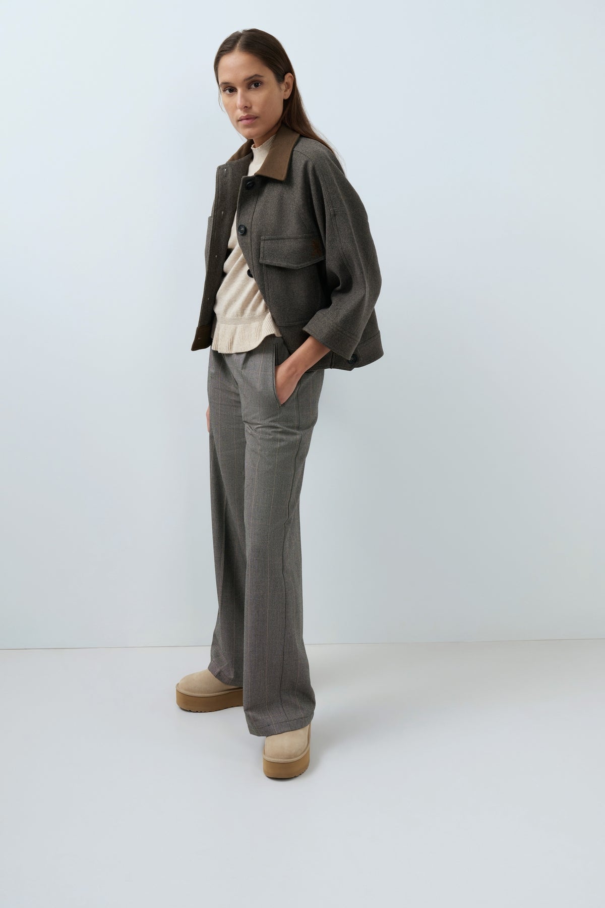 Oversized Wool Blend Jacket with Contrast Collar