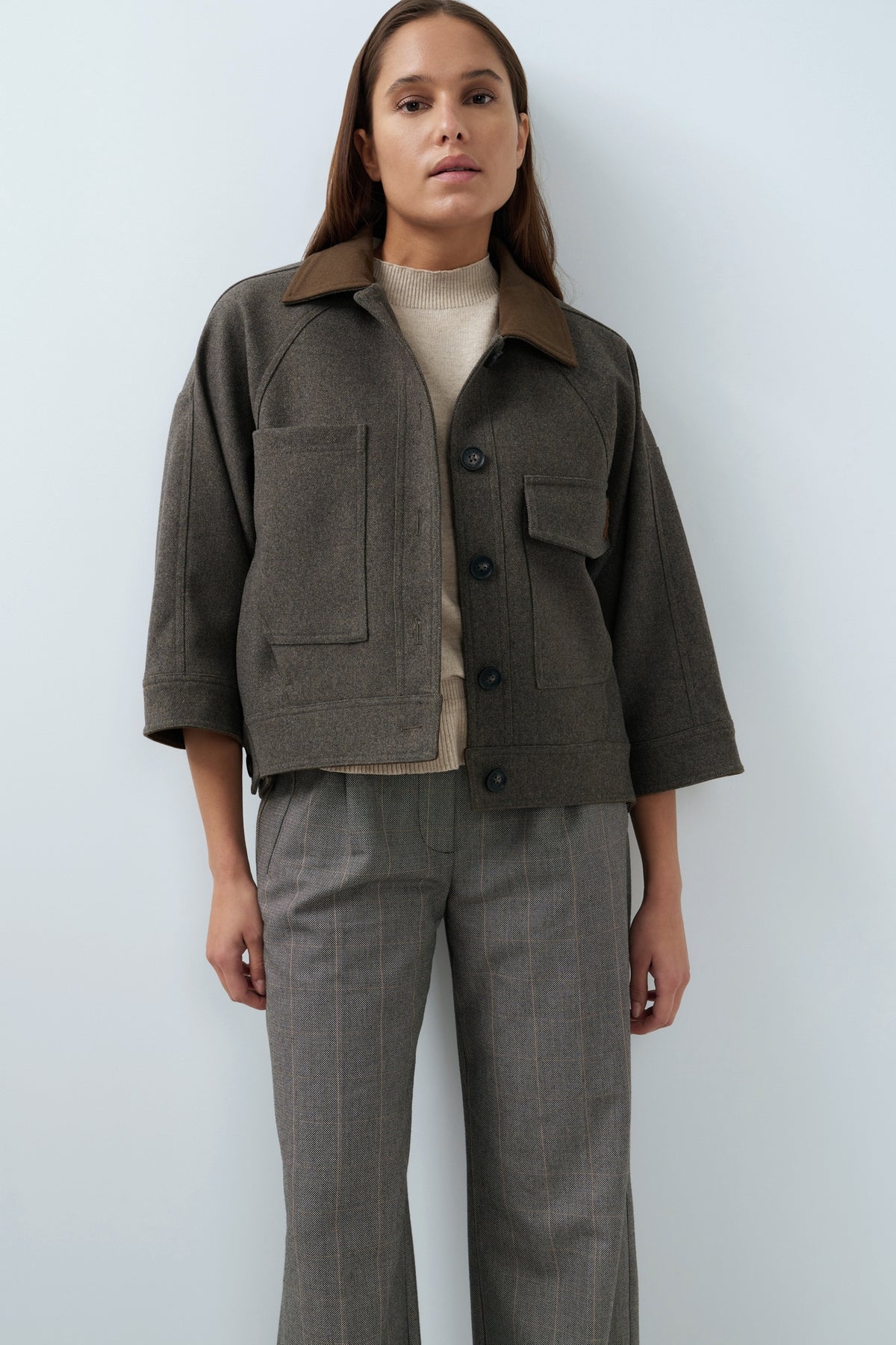 Oversized Wool Blend Jacket with Contrast Collar